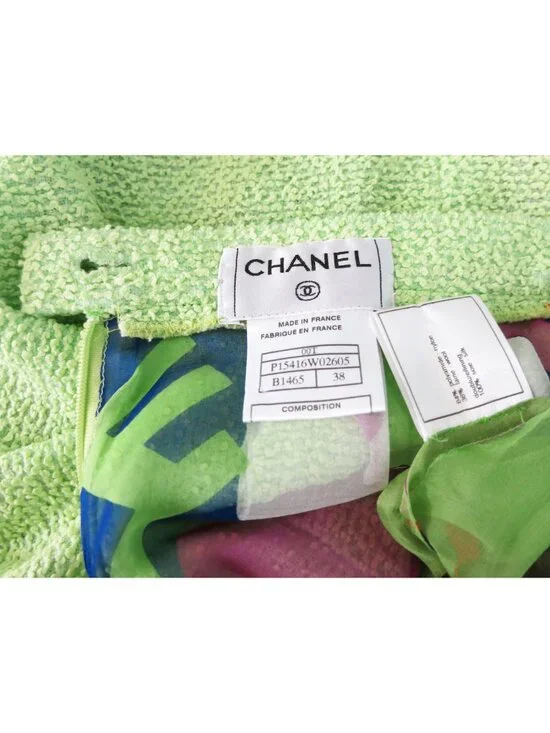 CHANEL Vintage 2000 Spring Lime Green Print Chiffon Trim Skirt Jacket Set 38 40 - Picture 14 of 16